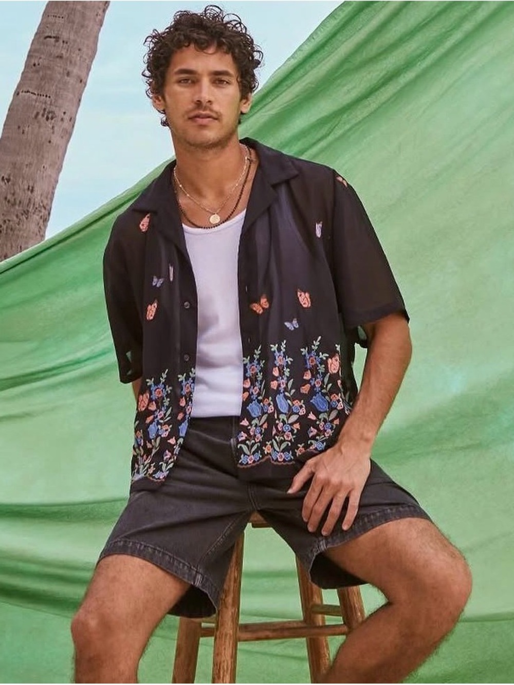 Abercrombie & Fitch Trevor Project Sheer Button-Down with Floral Embroidery